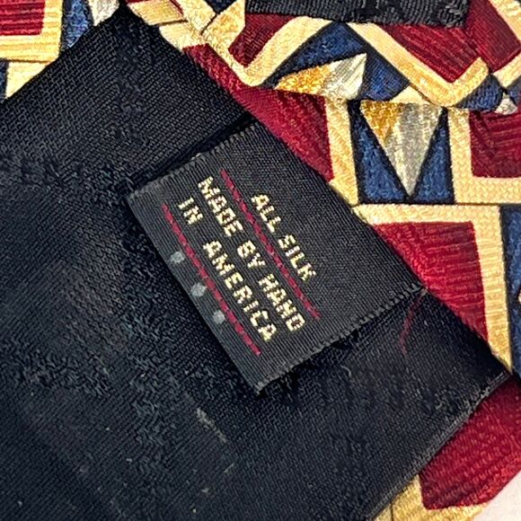 Boulder Trading Group Handmade Silk Tie 4" x 58" Maroon Gold Blue Made in USA - Picture 5 of 5